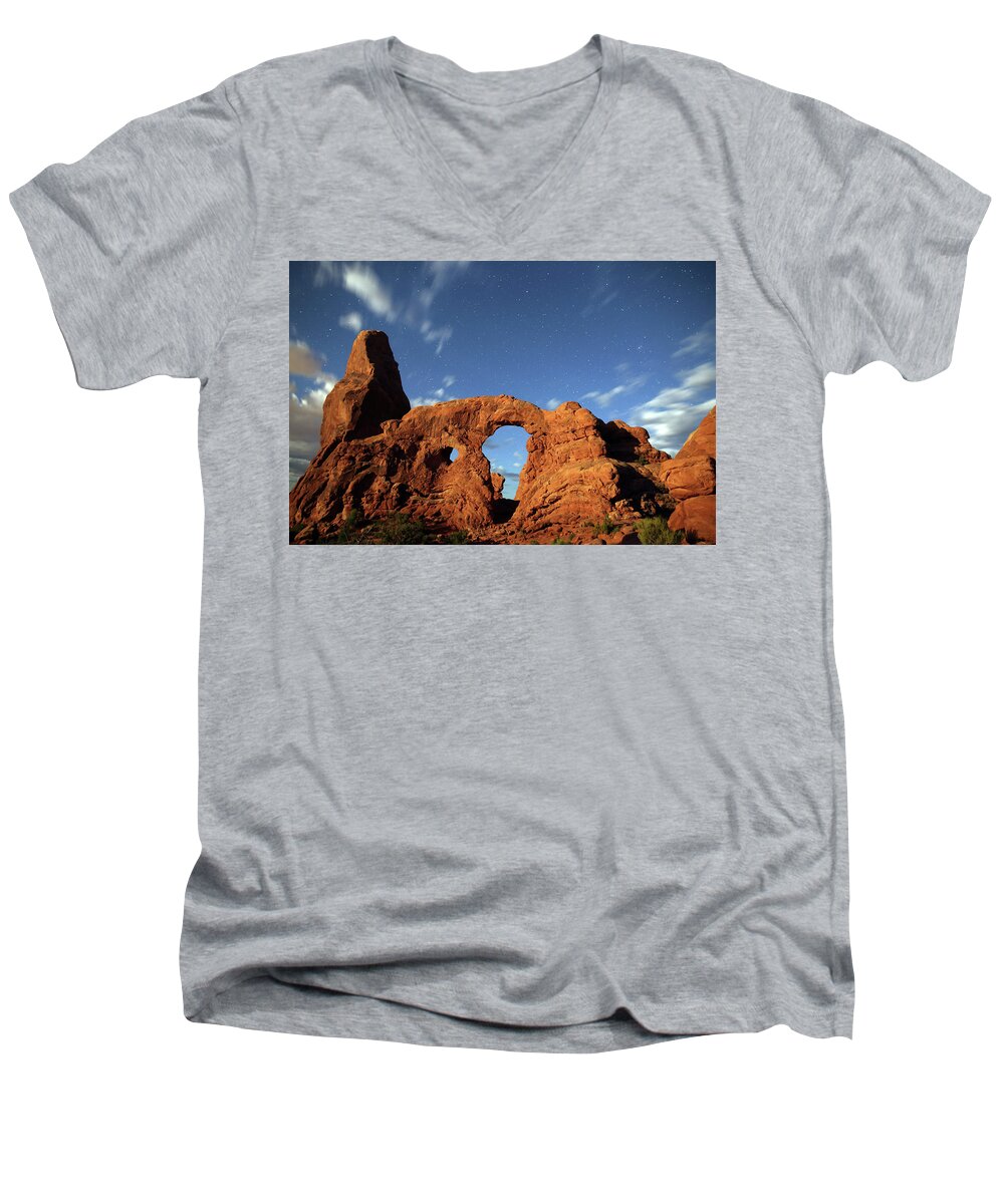 Arches Np Men's V-Neck T-Shirt featuring the photograph Turret Arch in the Moonlight by Jean Clark