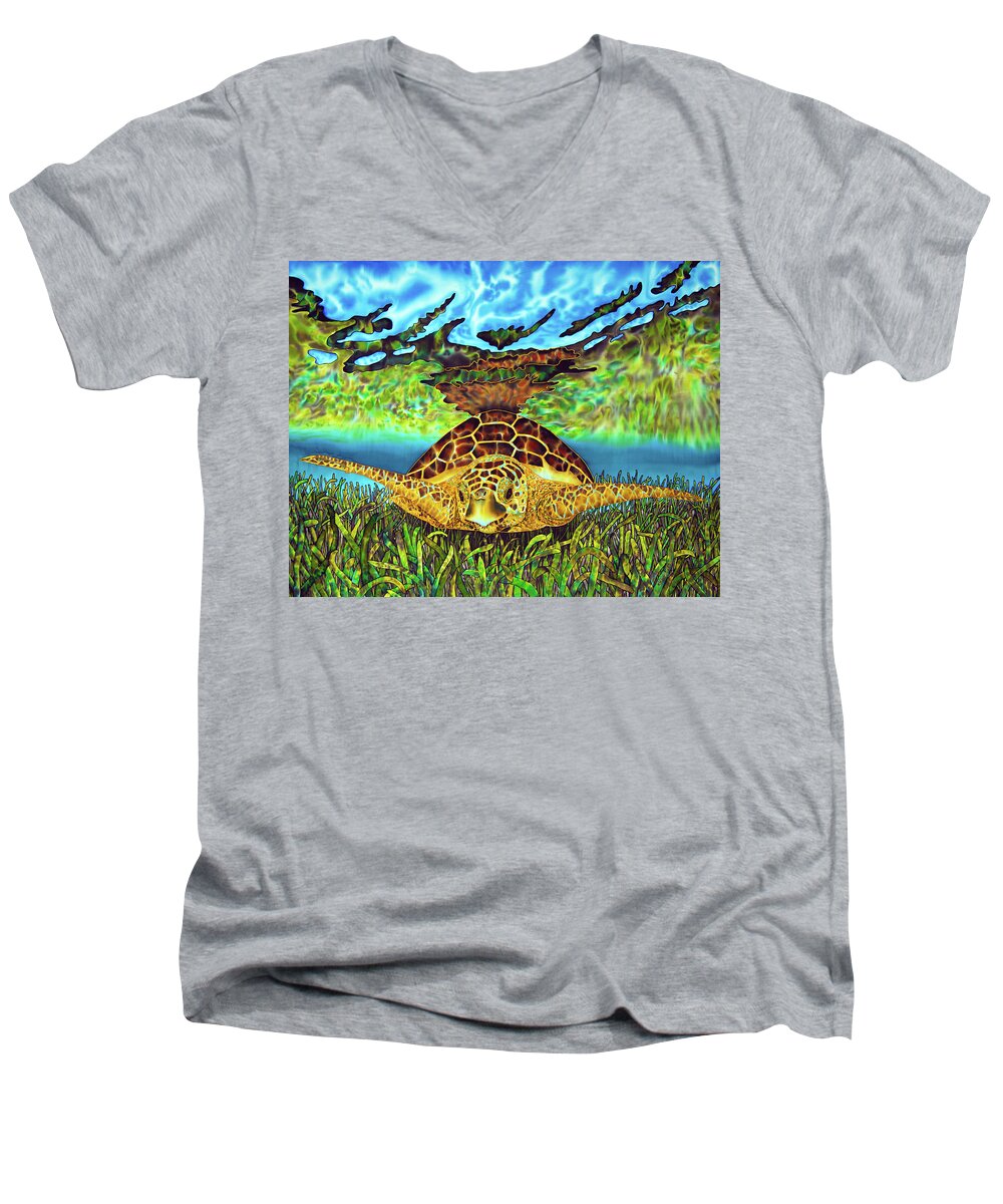 Sea Turtle Men's V-Neck T-Shirt featuring the painting Turtle Grass by Daniel Jean-Baptiste