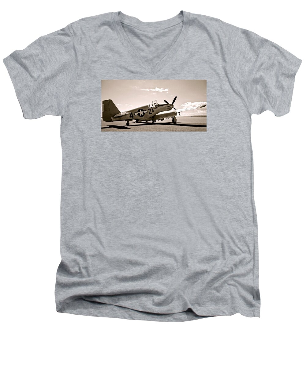 Tuskegee Men's V-Neck T-Shirt featuring the photograph Tuskegee Airmen Vintage P51 Mustang Fighter Plane by Amy McDaniel