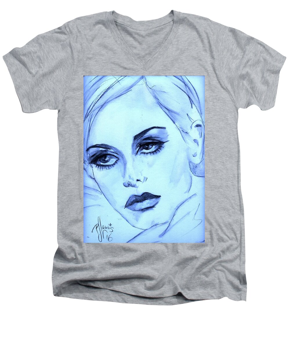 Twiggy Men's V-Neck T-Shirt featuring the painting Twiggy in blue by PJ Lewis