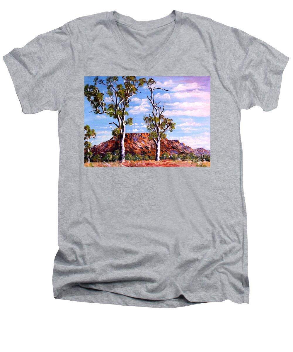 Twin Ghost Gums Men's V-Neck T-Shirt featuring the painting Twin Ghost Gums of Central Australia by Ryn Shell