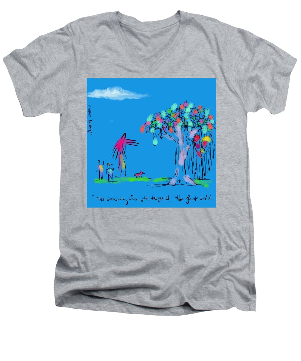 Giant Men's V-Neck T-Shirt featuring the digital art Two Boys, A Dog, and a Giant by Jason Nicholas
