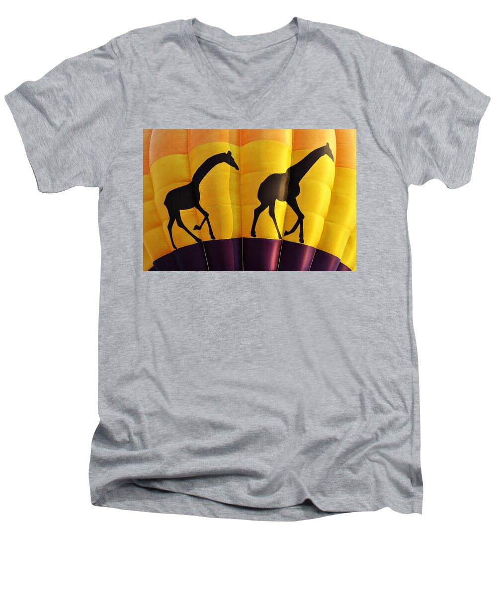 Giraffe Men's V-Neck T-Shirt featuring the photograph Two Giraffes Riding on a Hot Air Balloon by Luke Moore