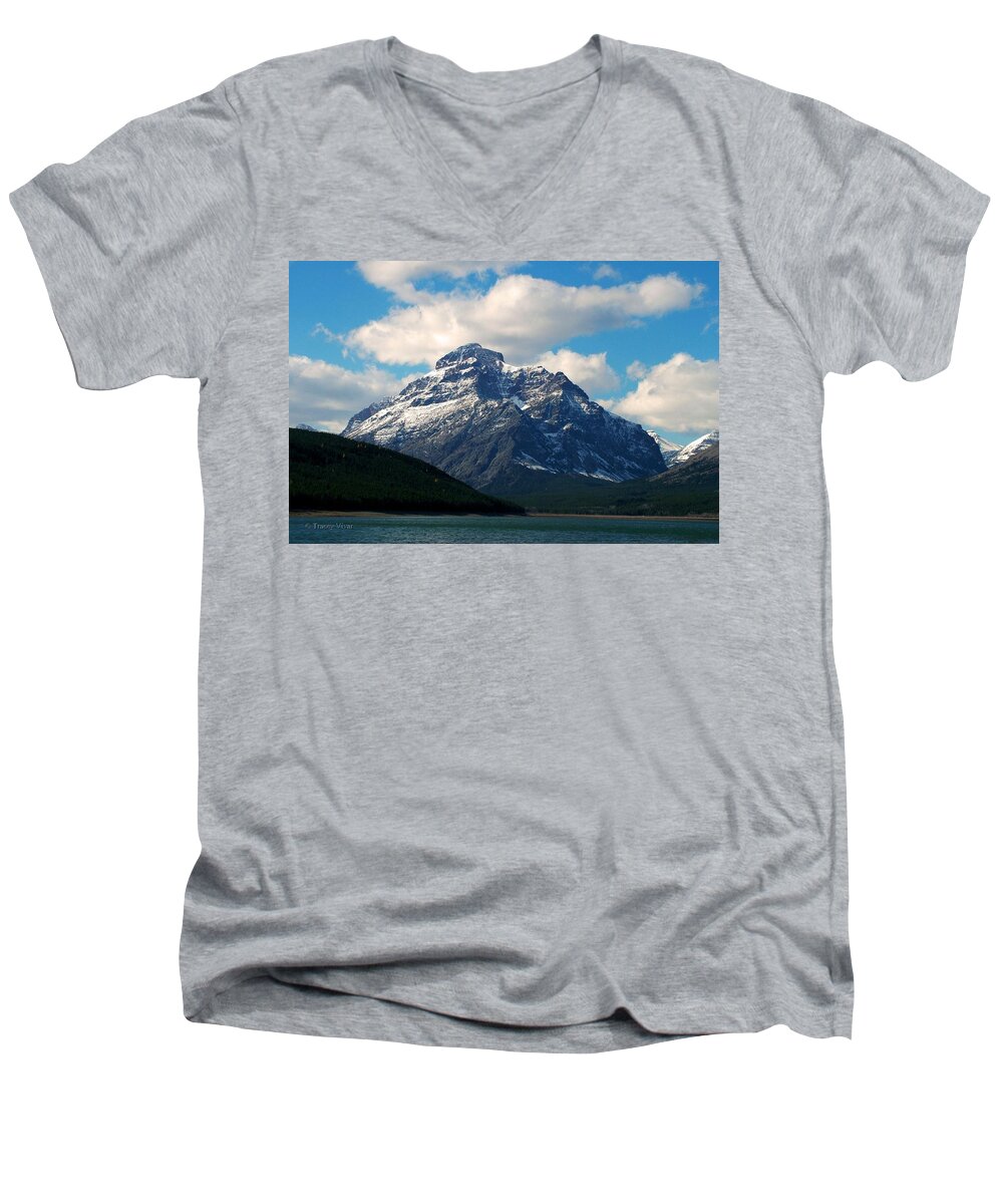 Rising Wolf Mountain Men's V-Neck T-Shirt featuring the photograph Two Medicine Lake and Rising Wolf Mountain by Tracey Vivar
