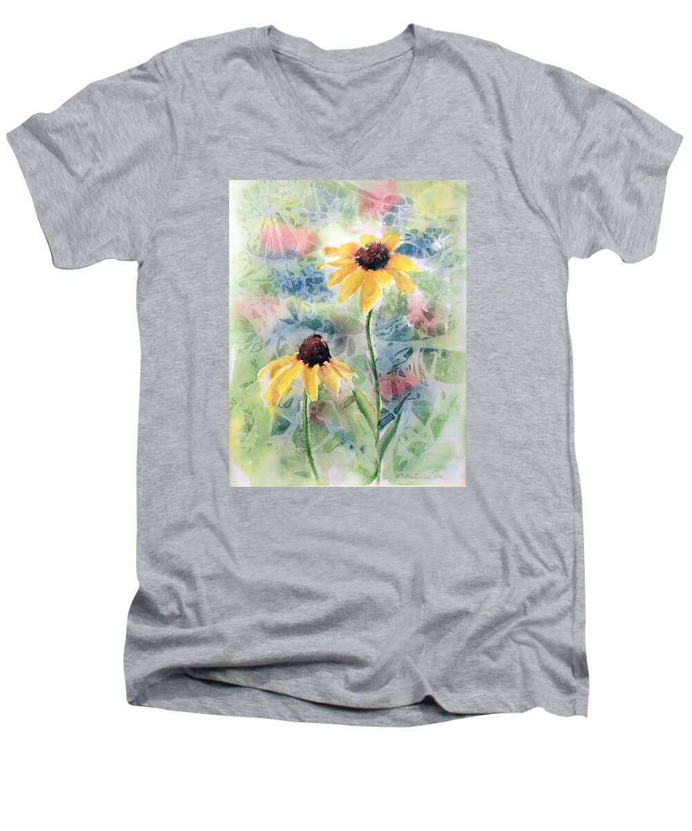 Watercolor Men's V-Neck T-Shirt featuring the painting Two Sunflowers by Debbie Lewis