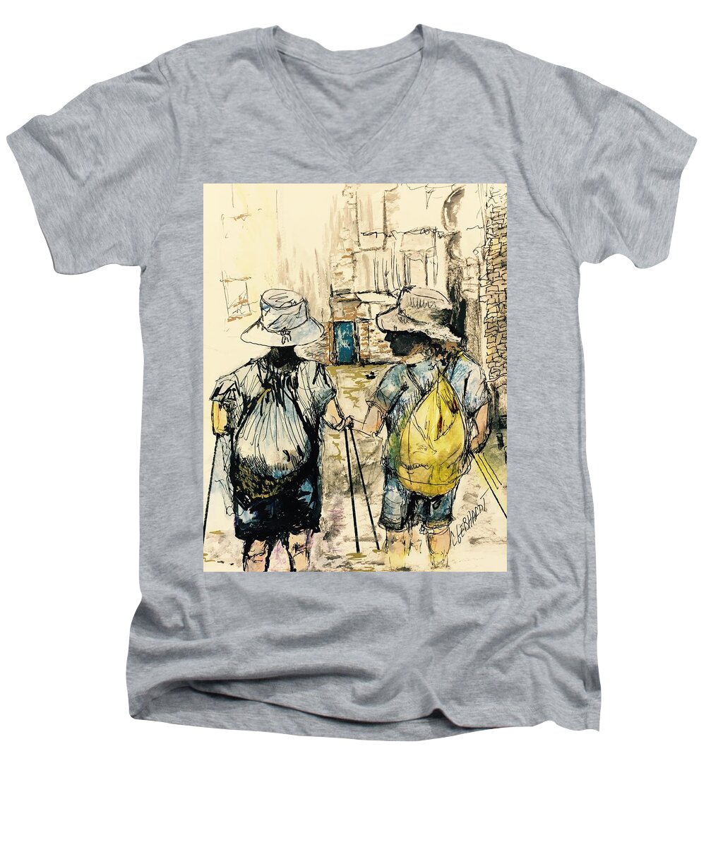 Walk Men's V-Neck T-Shirt featuring the painting A WALK ON THE CAMINO de SANTIAGO by Chuck Gebhardt