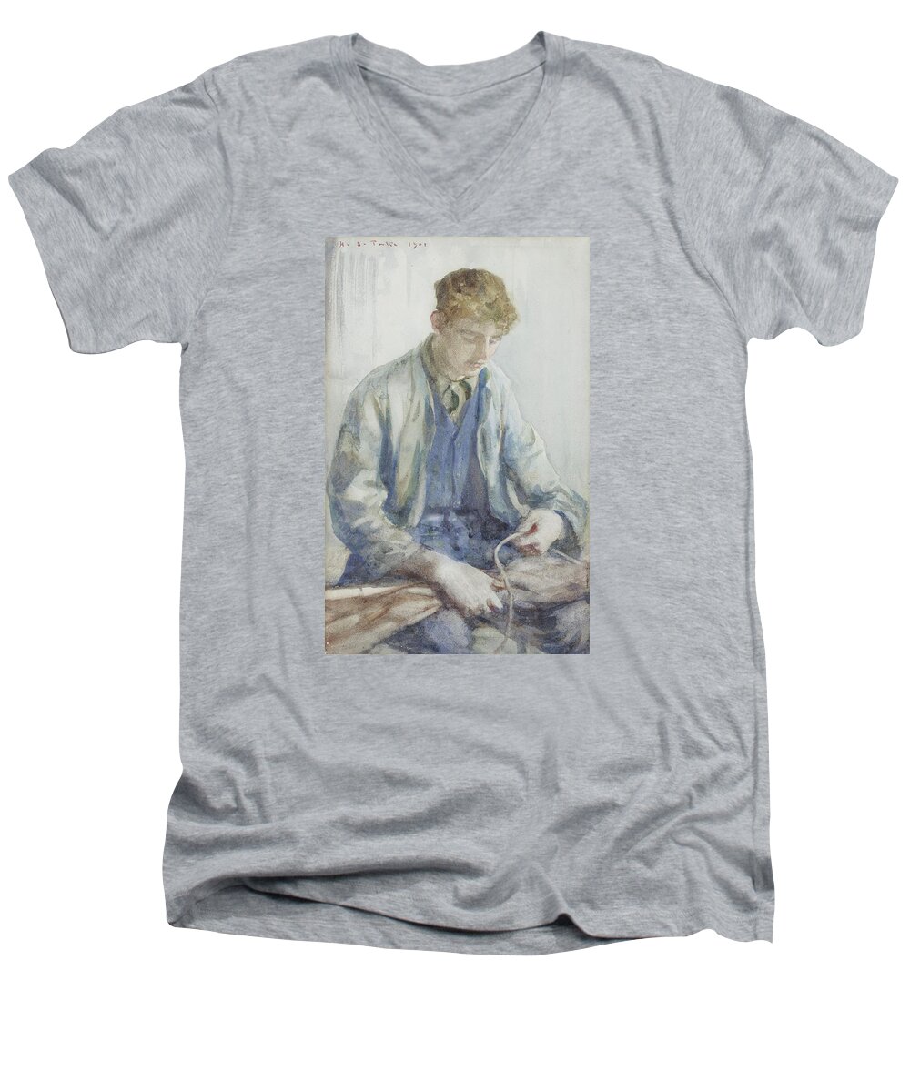 Tying Men's V-Neck T-Shirt featuring the painting Tying the Sail by Henry Scott Tuke