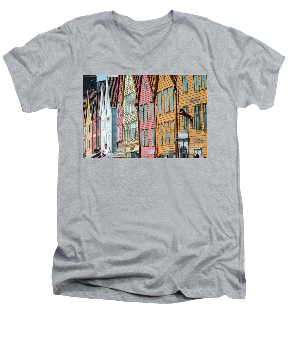 Bergen Men's V-Neck T-Shirt featuring the photograph Tyske Bryggen, Bergen by Andrew Michael