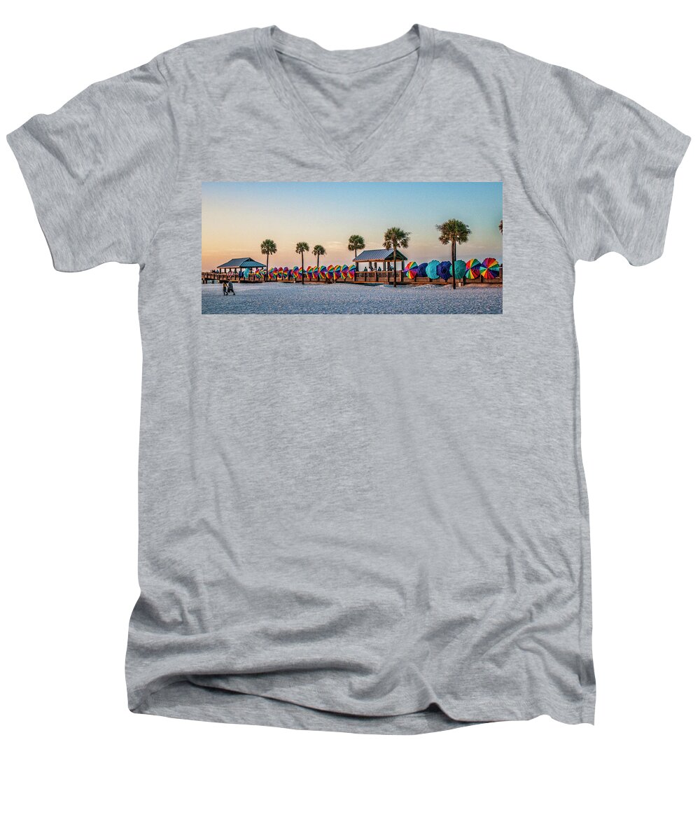 Umbrellas Men's V-Neck T-Shirt featuring the photograph Umbrella windbreaks at Clearwater Florida. by Brian Tarr