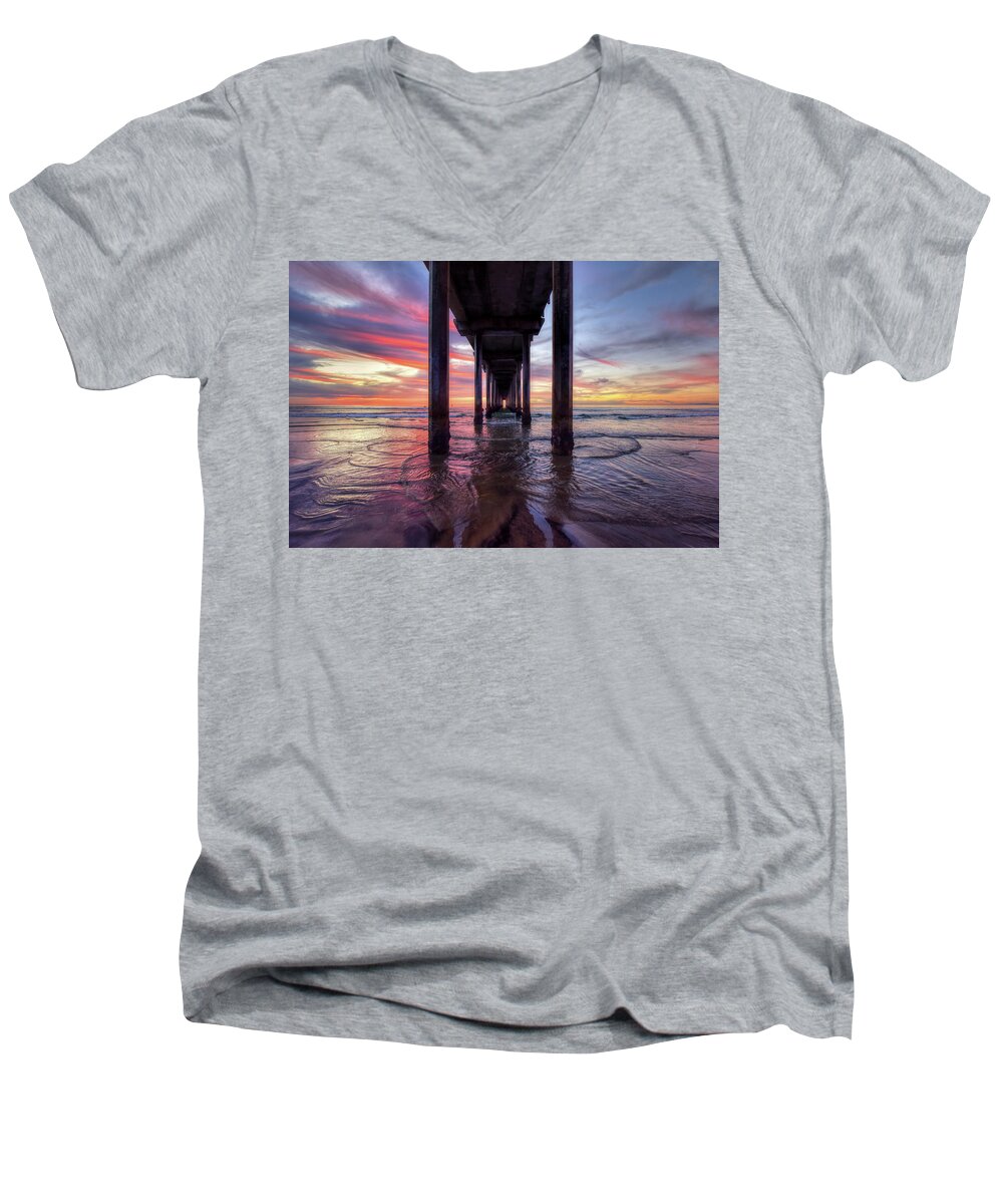 Mark Whitt Men's V-Neck T-Shirt featuring the photograph Under the Pier Sunset by Mark Whitt