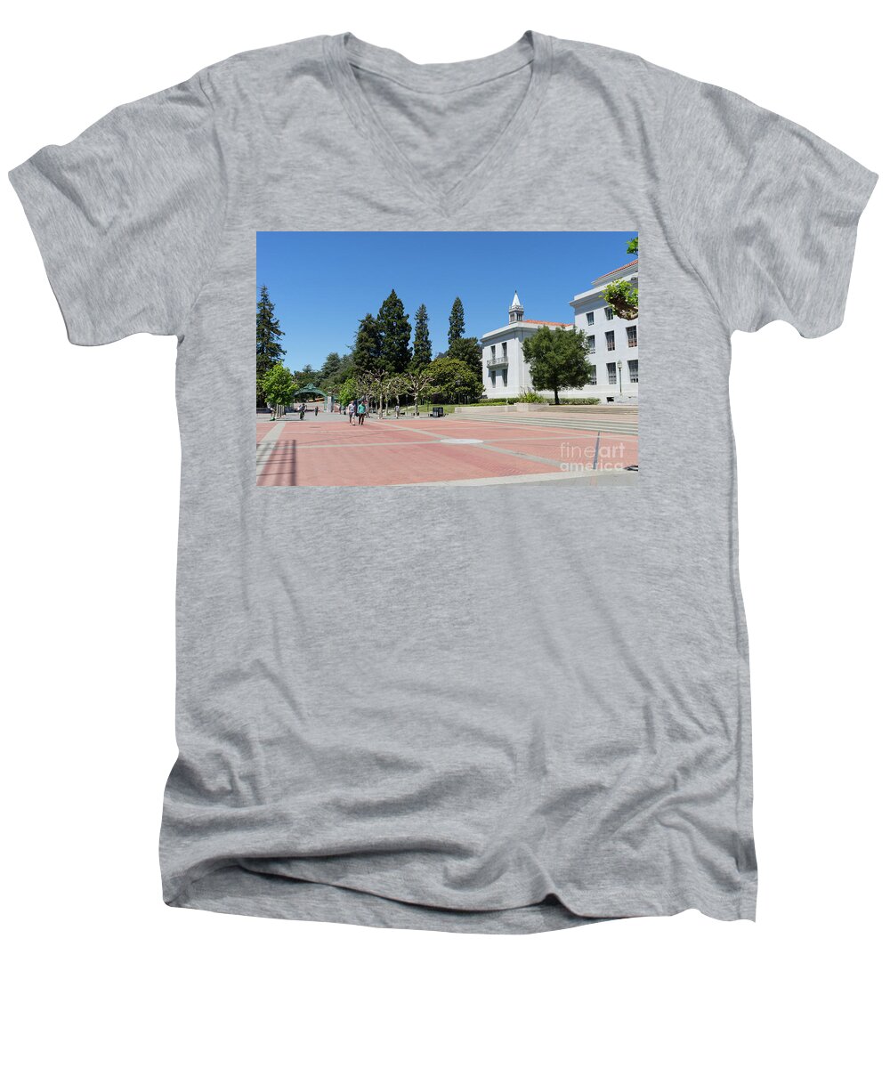 Wingsdomain Men's V-Neck T-Shirt featuring the photograph University of California at Berkeley Sproul Plaza Sather Gate and Sather Tower Campanile DSC6247 by San Francisco
