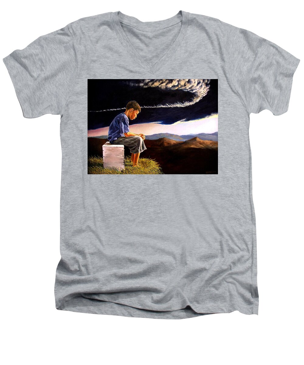 Mountain Men's V-Neck T-Shirt featuring the painting Unscarred Mountain by Christopher Shellhammer