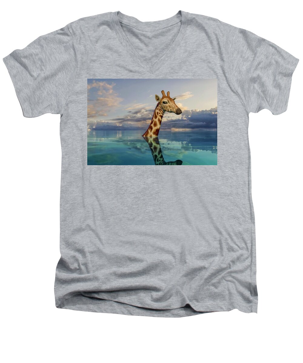 Giraffe Men's V-Neck T-Shirt featuring the digital art Up to My Neck by Betsy Knapp
