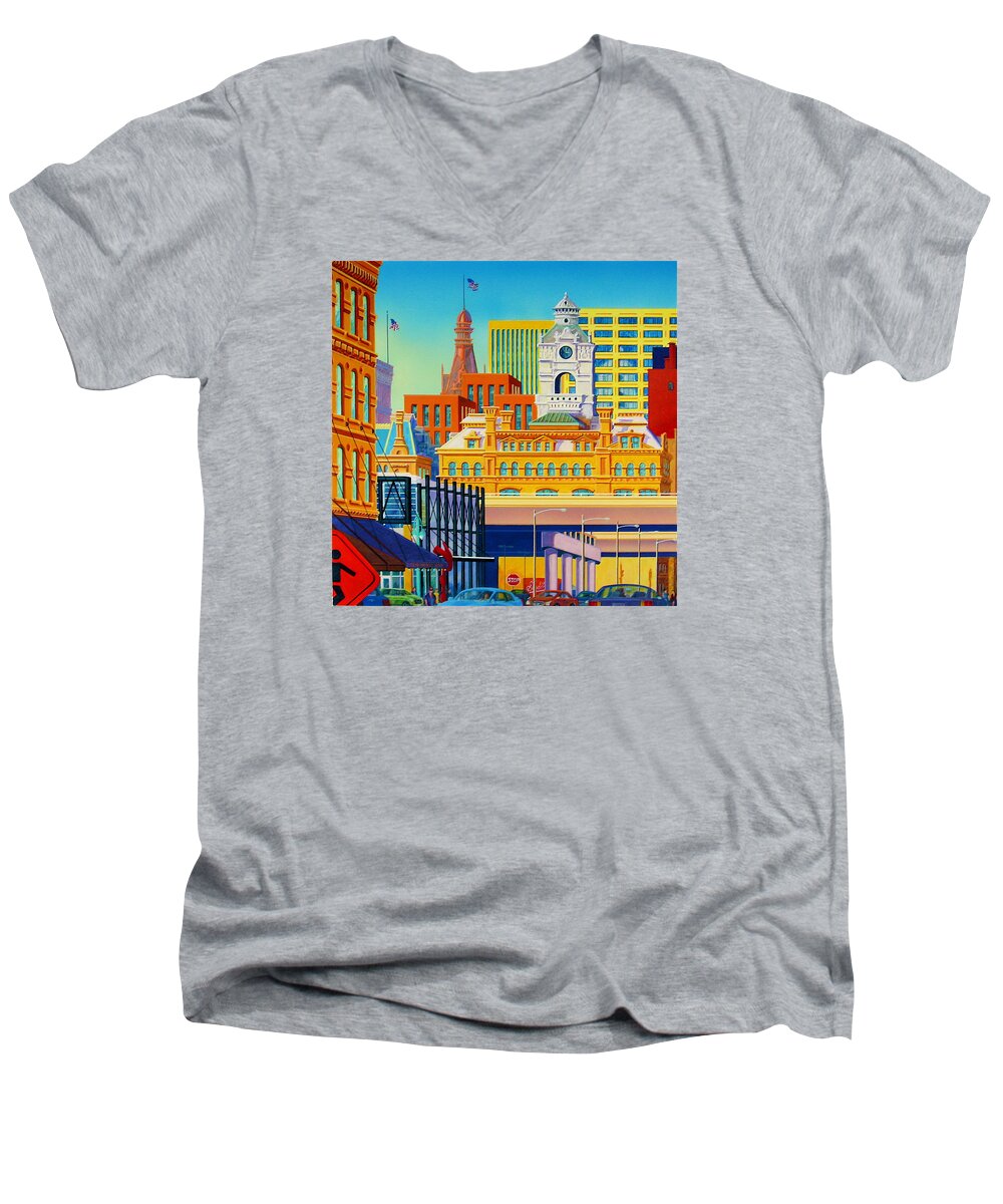 Cityscape Men's V-Neck T-Shirt featuring the painting Urban Fugue by Les Leffingwell