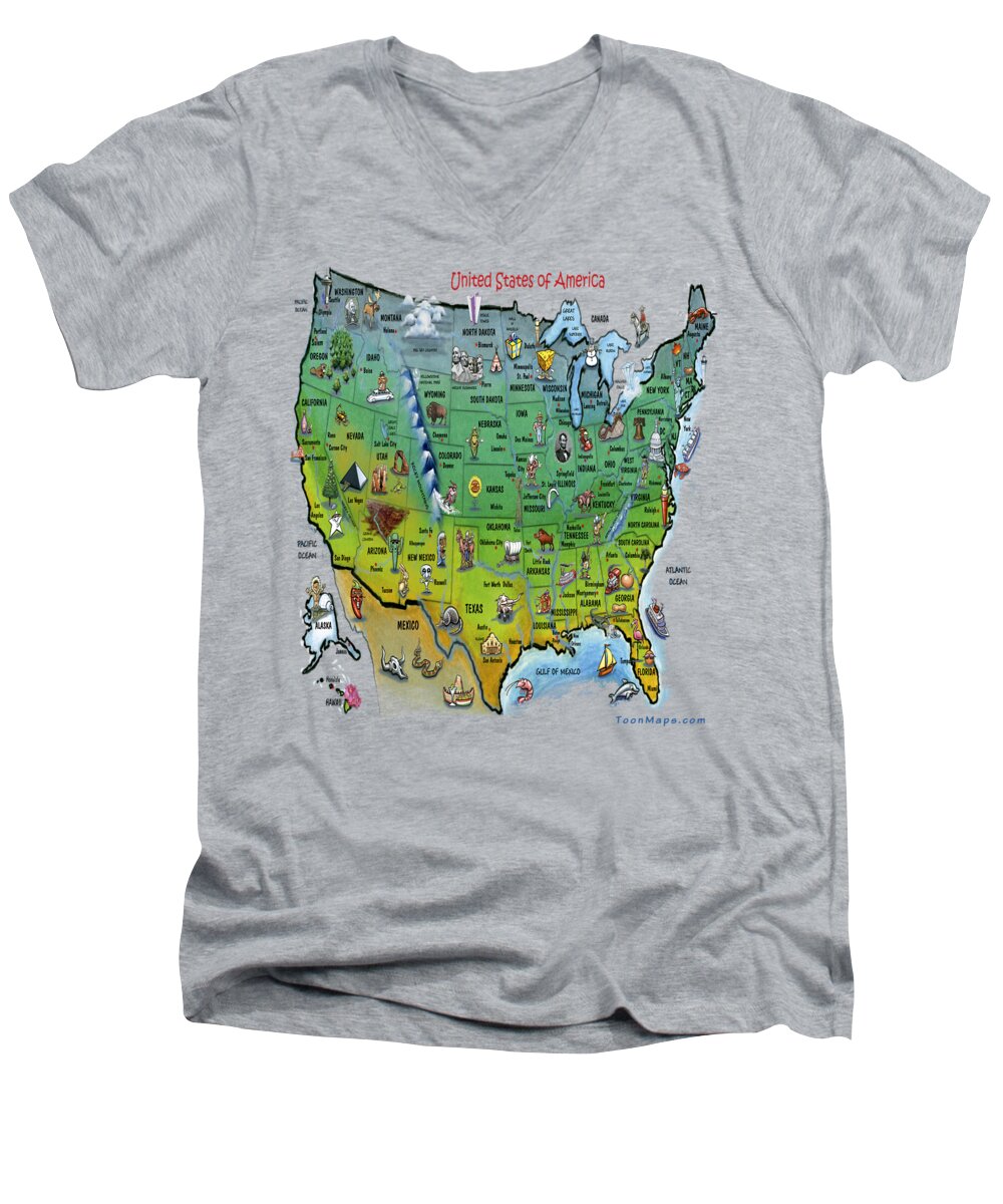 Map Men's V-Neck T-Shirt featuring the painting USA Cartoon Map by Kevin Middleton