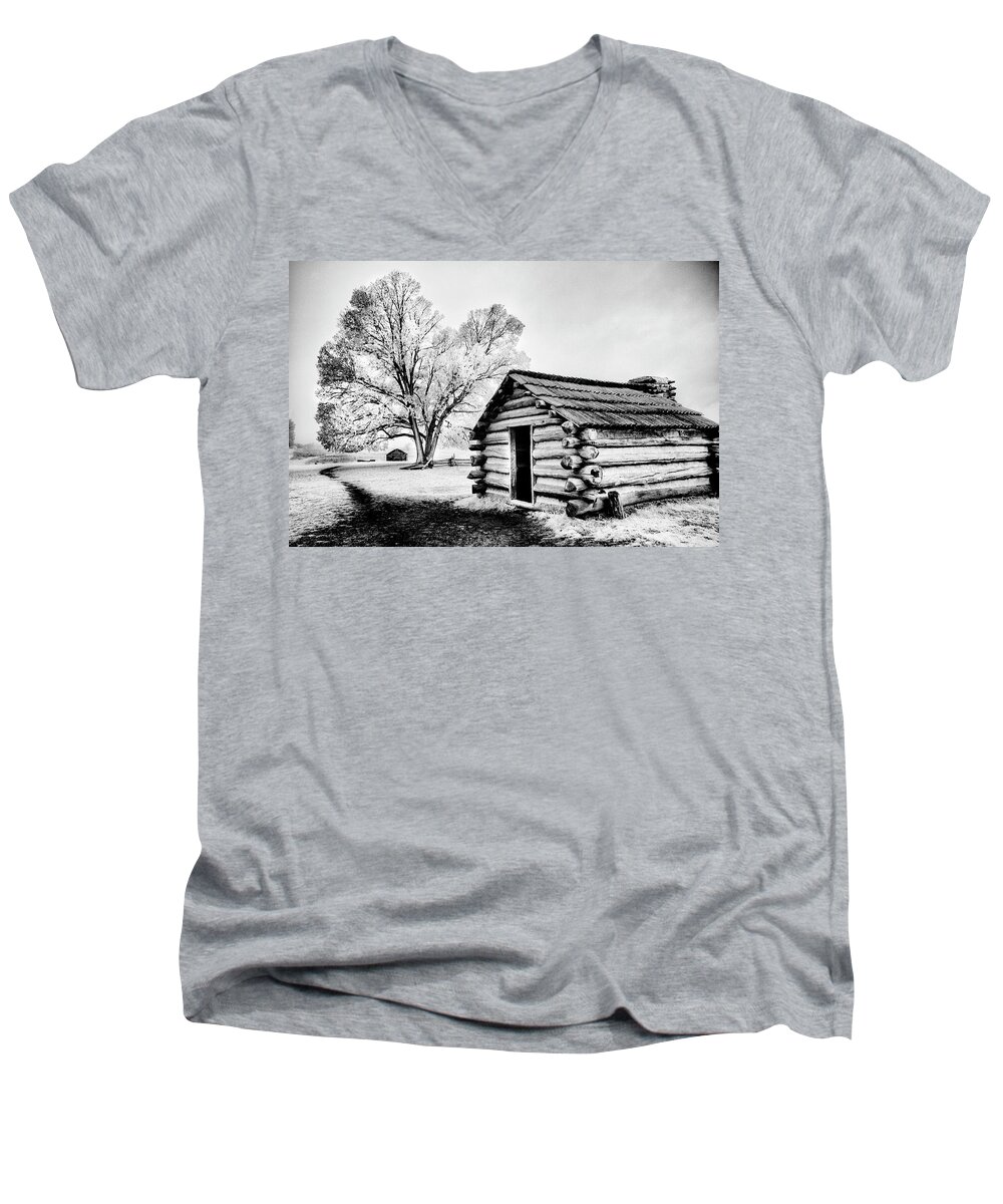 Early American Men's V-Neck T-Shirt featuring the photograph Valley Forge Winter Troops Hut              by Paul W Faust - Impressions of Light