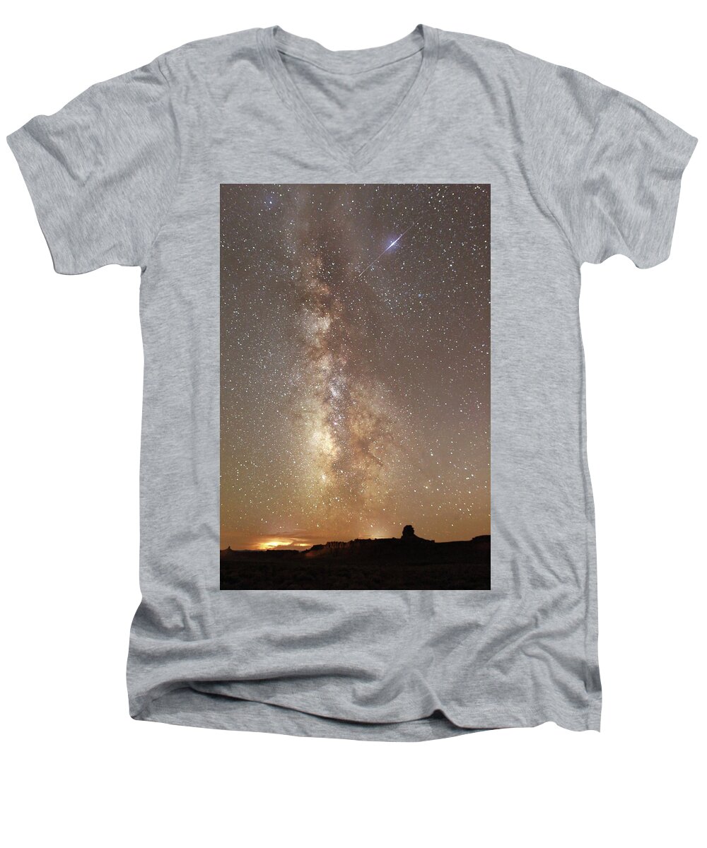 Utah Men's V-Neck T-Shirt featuring the photograph Valley of the Gods Milky Way by Jean Clark