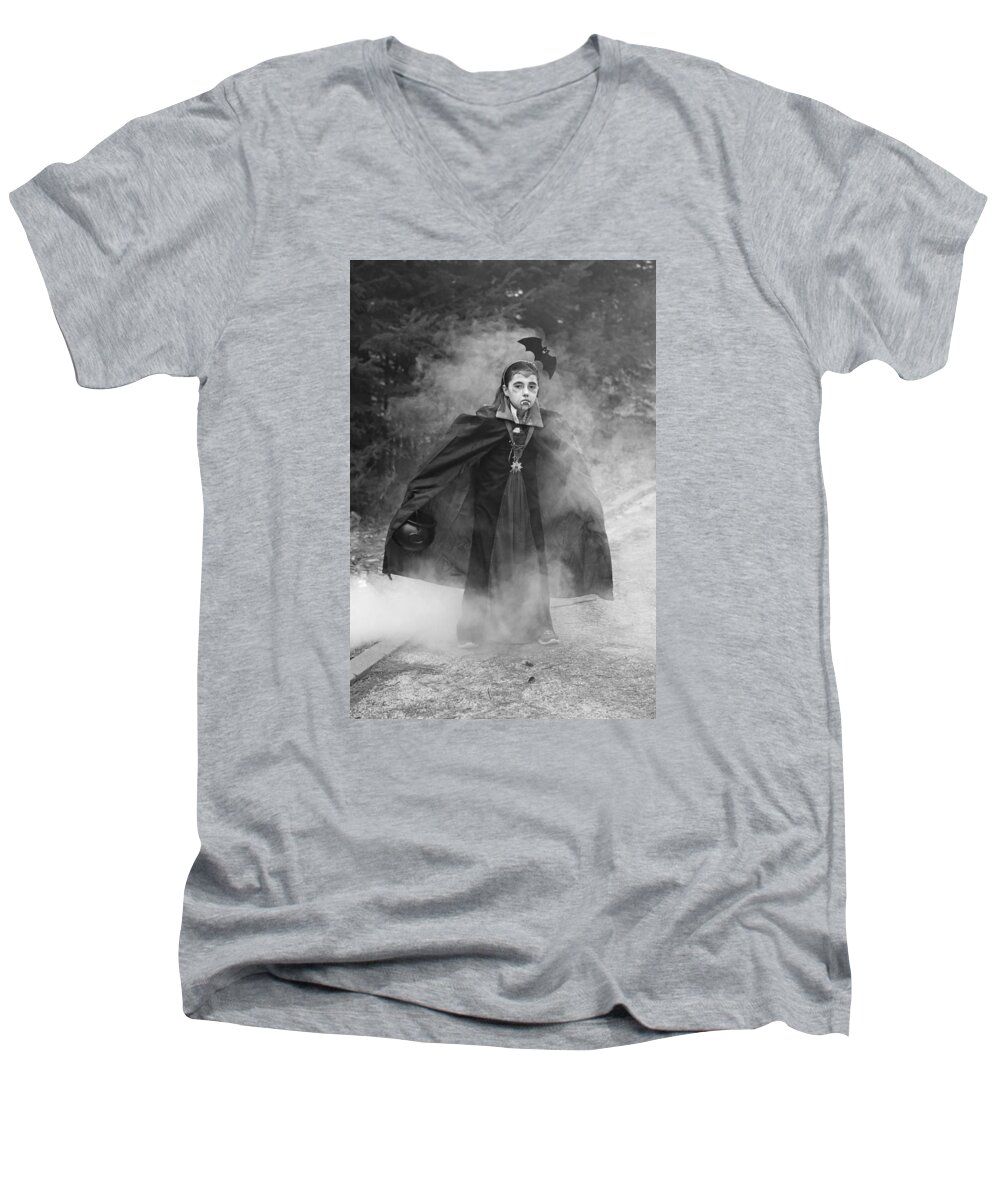 Halloween Men's V-Neck T-Shirt featuring the photograph Vampire in the Fog by Barbara West