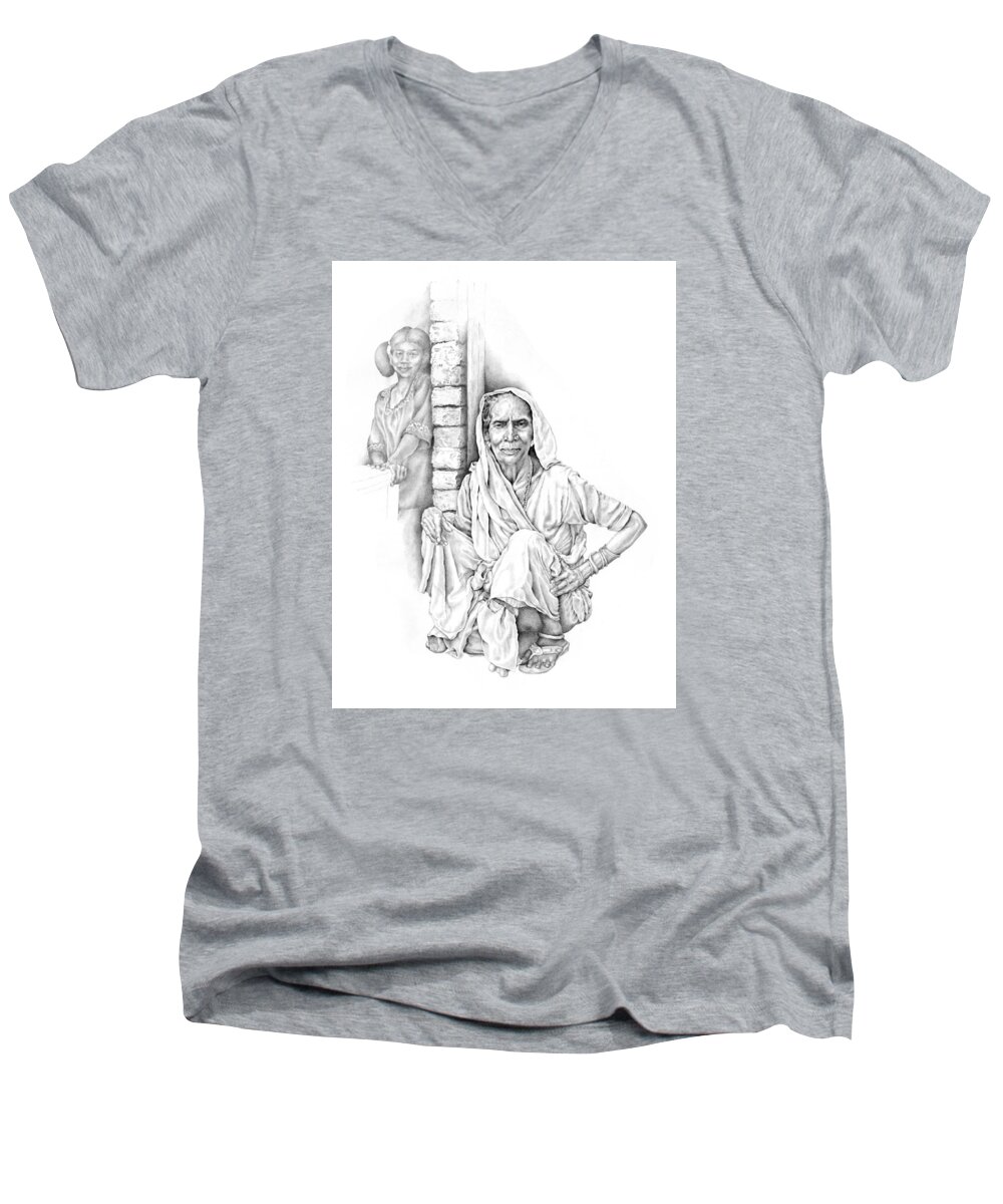 Drawing Men's V-Neck T-Shirt featuring the drawing Varanasi Woman by Karla Beatty