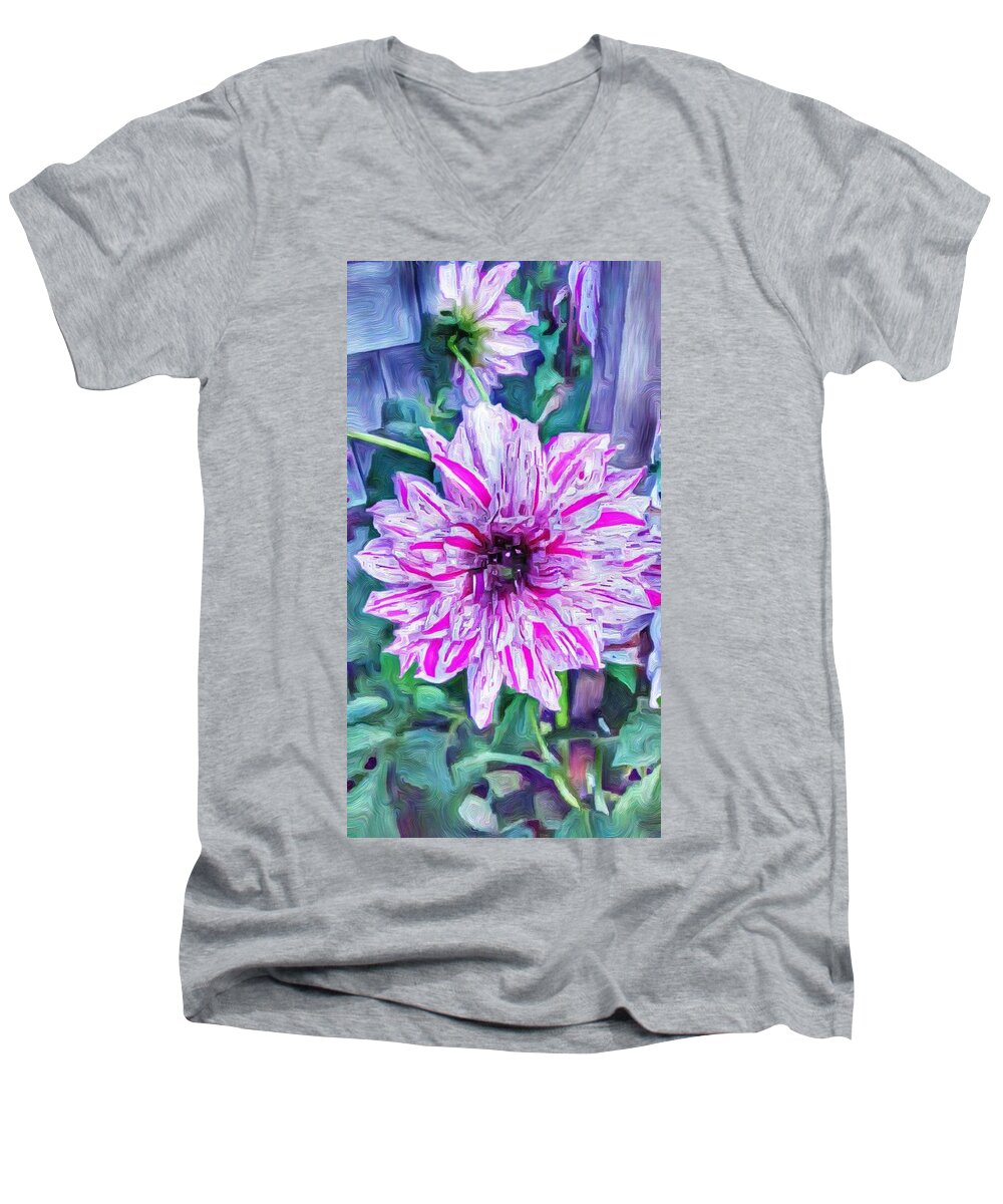 Dahlia Men's V-Neck T-Shirt featuring the mixed media Variegated Dahlia in Oil by Jeffrey Canha