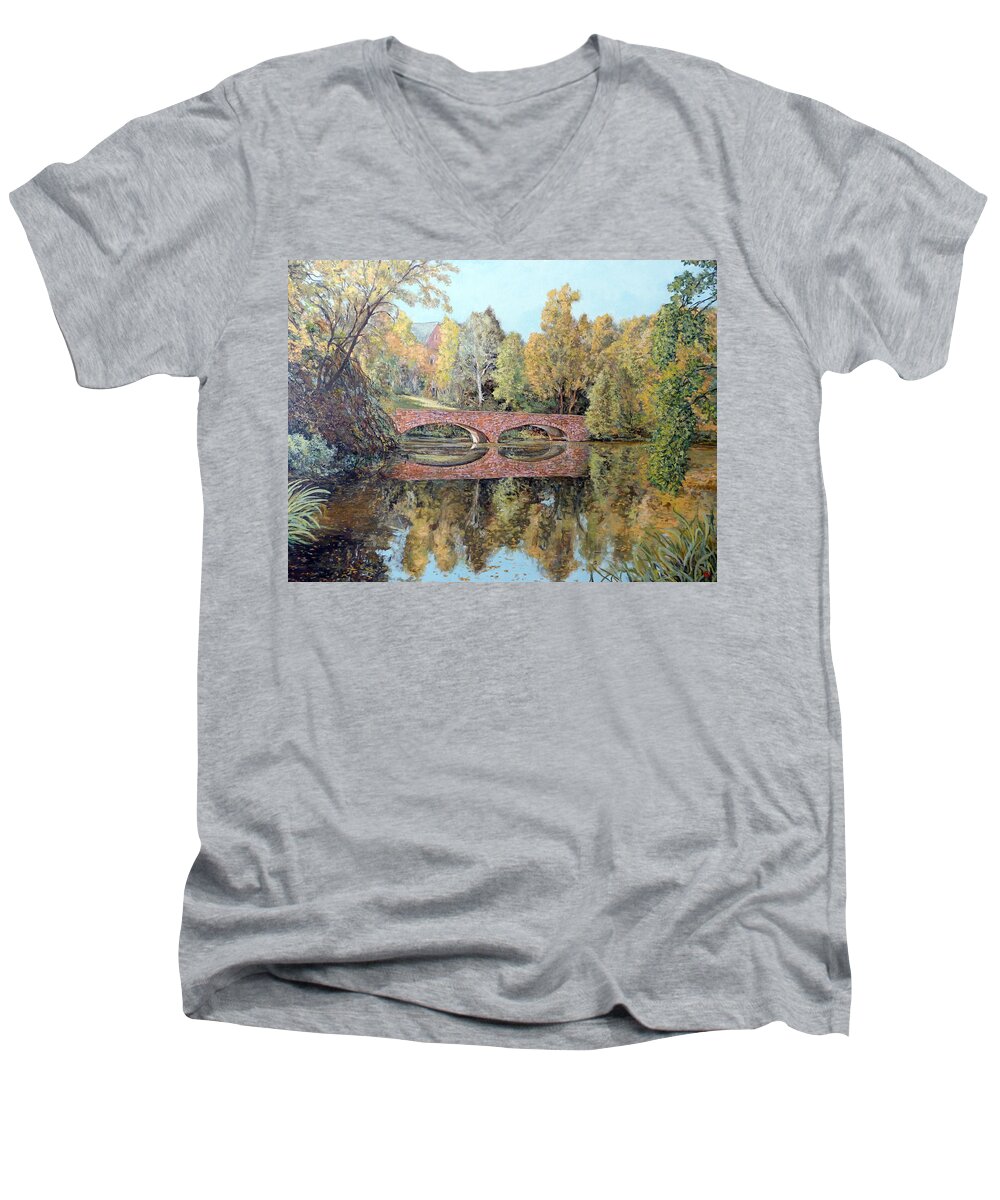 Boulder Men's V-Neck T-Shirt featuring the painting Varsity Lake Bridge CU Boulder by Tom Roderick