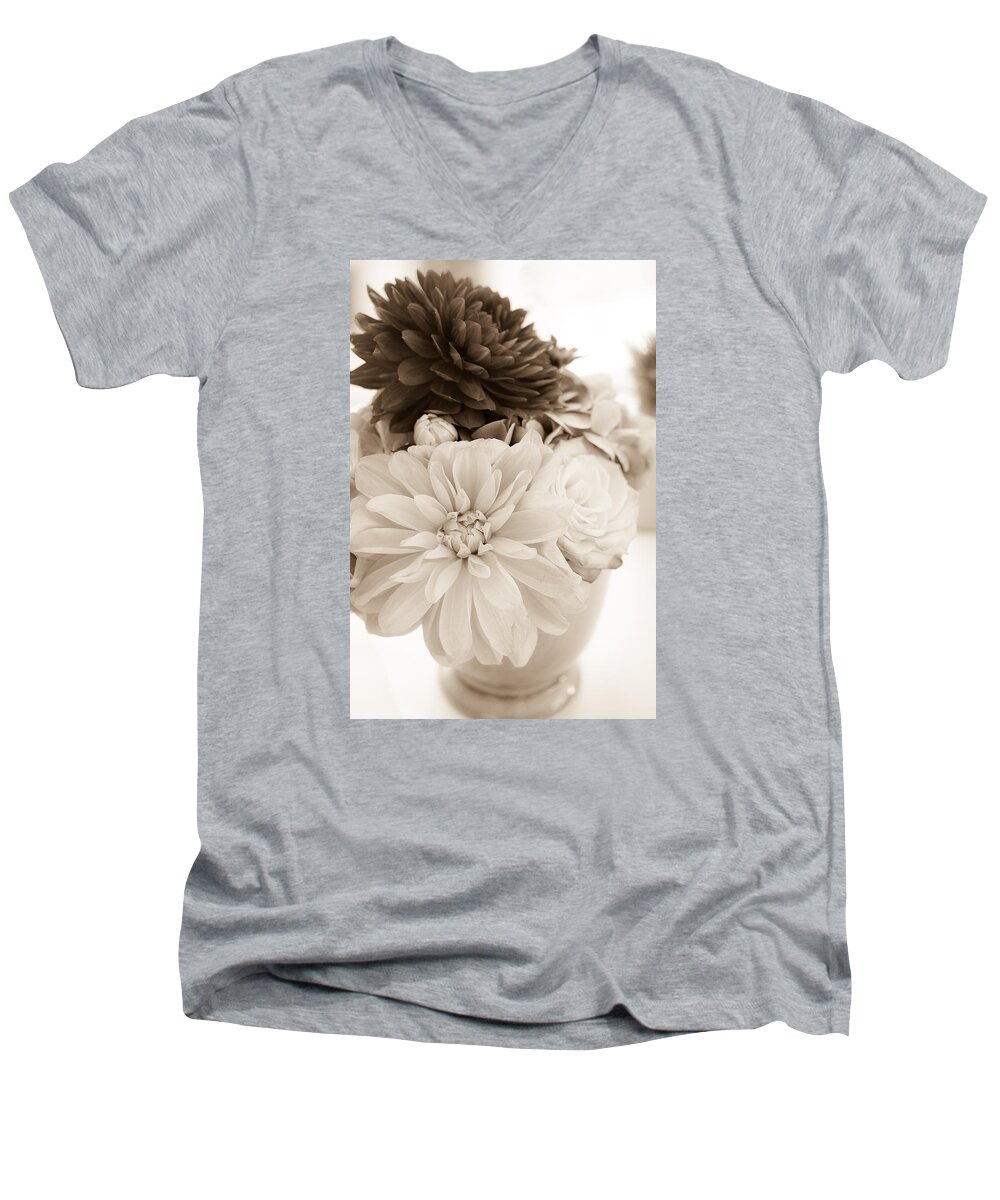 Dahlia Men's V-Neck T-Shirt featuring the photograph Vase of Flowers in Sepia by Joni Eskridge