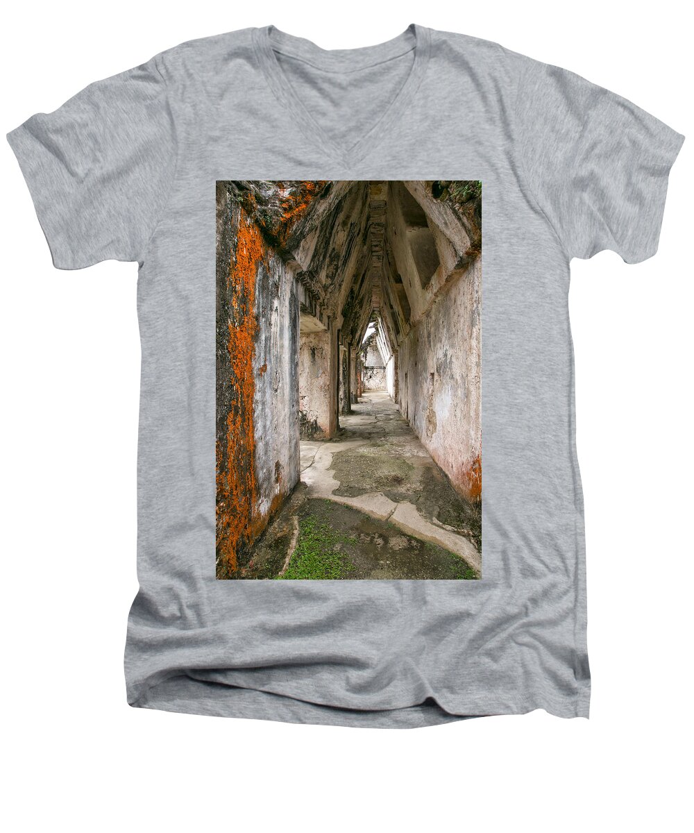 Palenque Men's V-Neck T-Shirt featuring the photograph Vaulted Hallway at Palenque Ruin by Jurgen Lorenzen