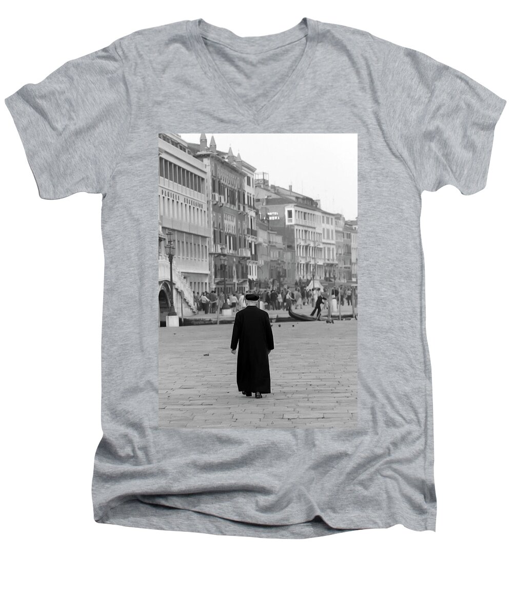 Venice Men's V-Neck T-Shirt featuring the photograph Venetian Priest and Gondola by KG Thienemann