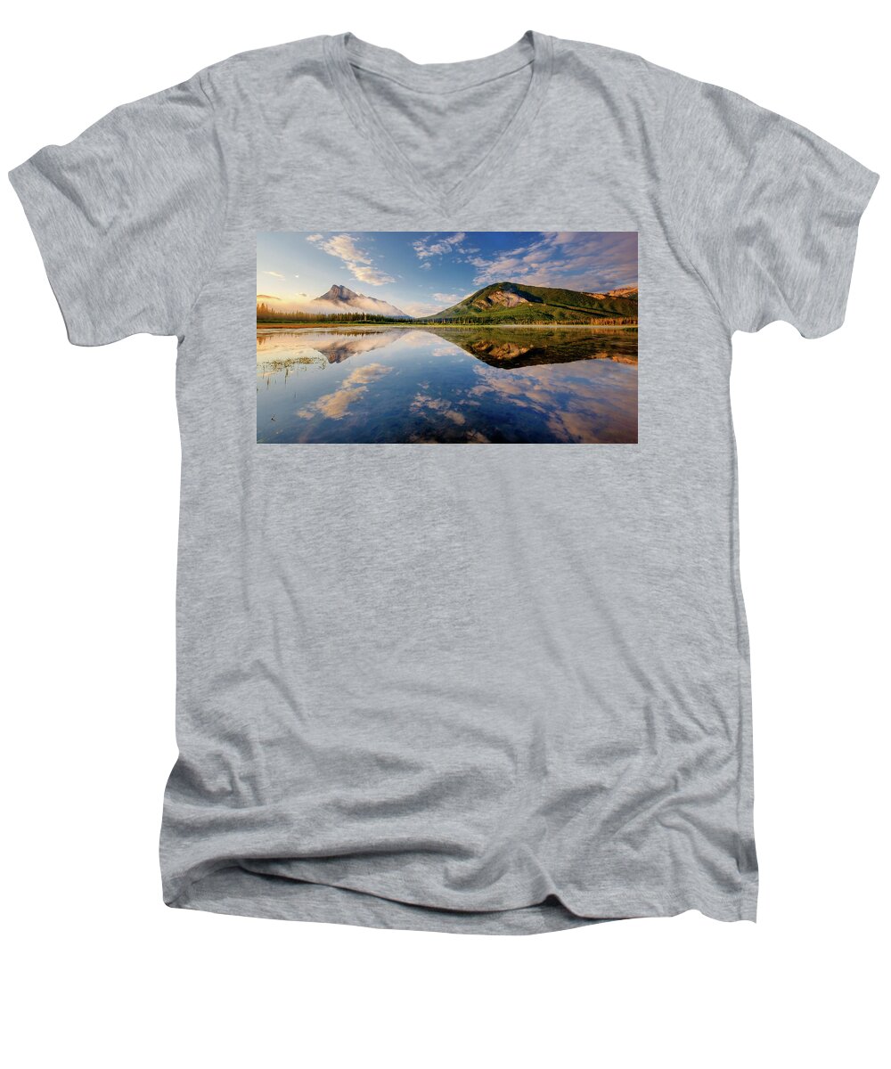 Alberta Men's V-Neck T-Shirt featuring the photograph Vermilion Reflections by Neil Shapiro