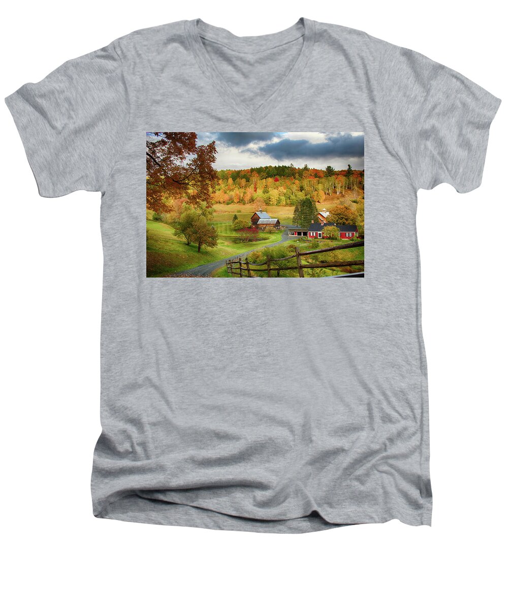 Sleepy Hollow Farm Men's V-Neck T-Shirt featuring the photograph Vermont Sleepy Hollow in fall foliage by Jeff Folger