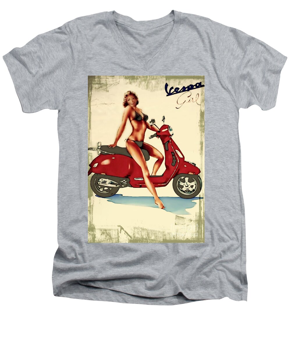 Vespa Men's V-Neck T-Shirt featuring the digital art Vespa Girl - Vintage Poster by Ian Gledhill