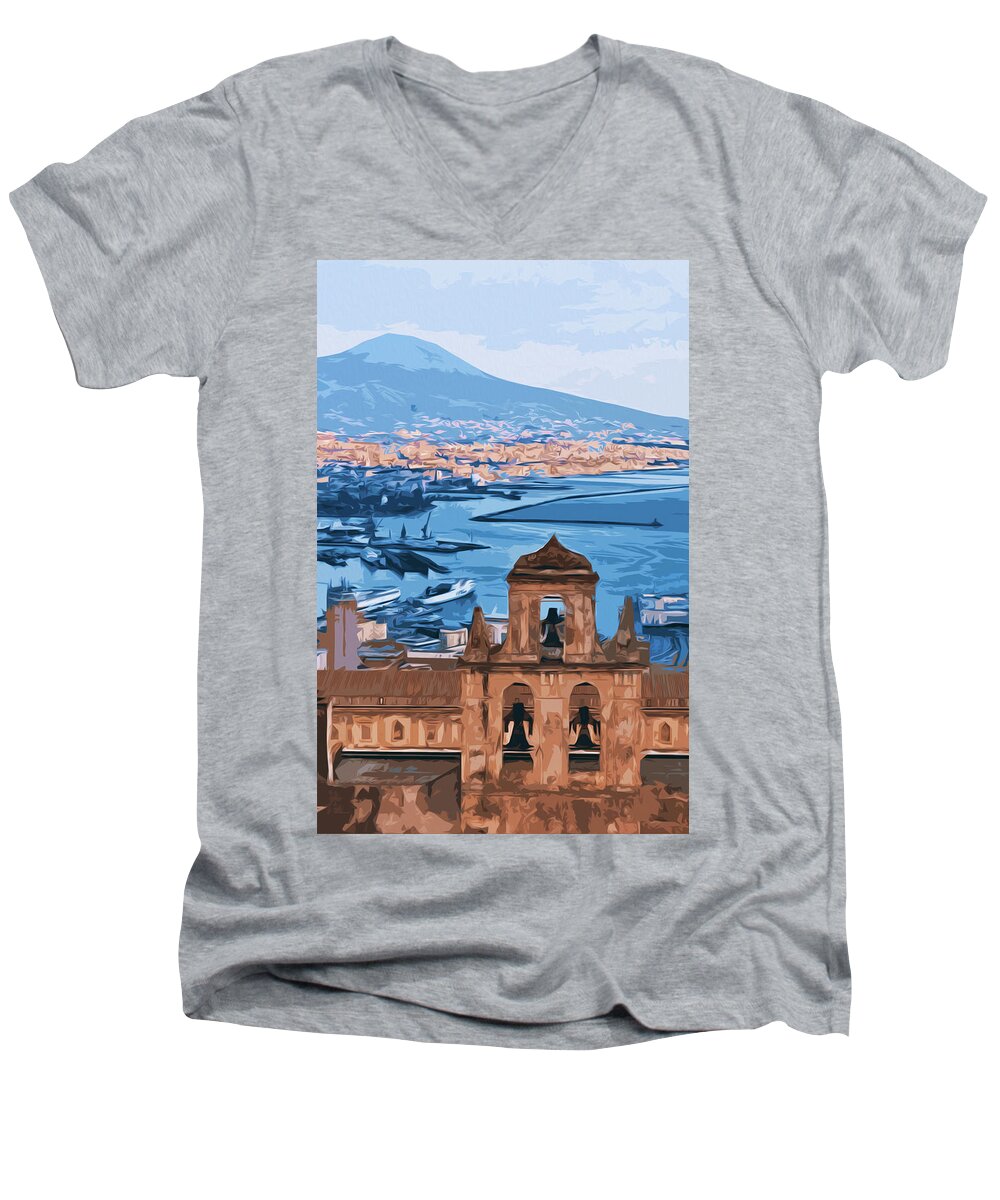 Landscape Men's V-Neck T-Shirt featuring the painting Vesuvio, panorama from Naples by AM FineArtPrints