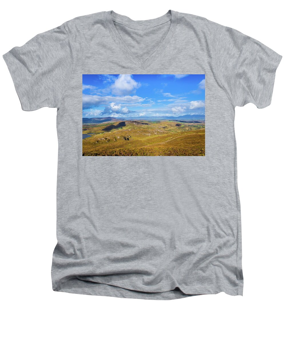 Ballycullane Men's V-Neck T-Shirt featuring the photograph View of the mountains and valleys in Ballycullane in Kerry Irela by Semmick Photo