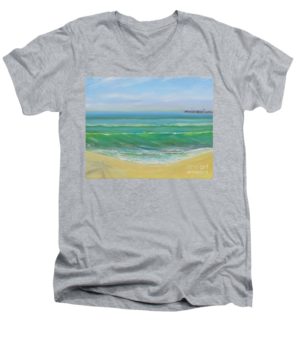 San Clemente Men's V-Neck T-Shirt featuring the painting View to the Pier by Mary Scott