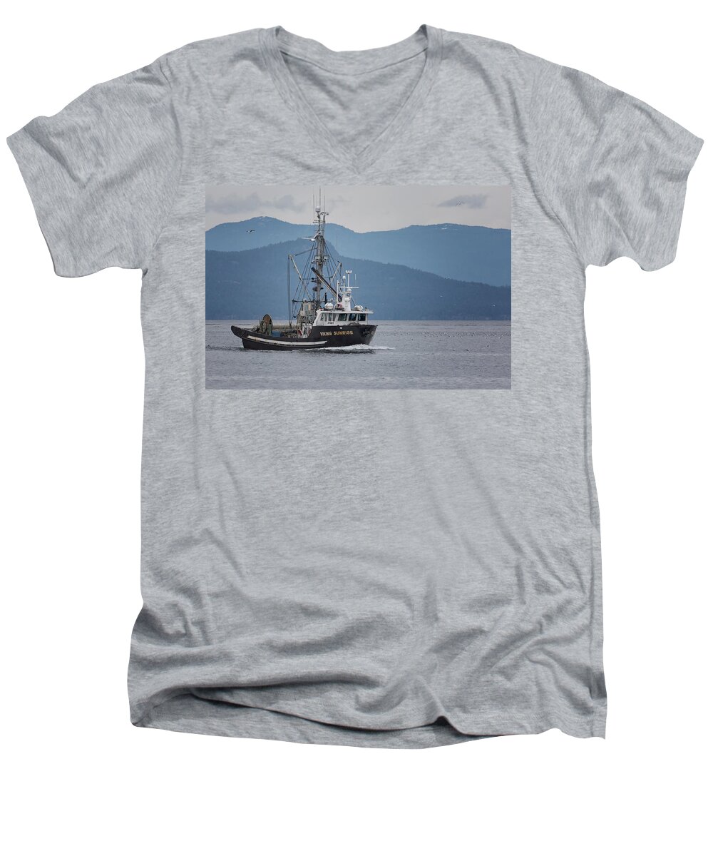 Viking Sunrise Men's V-Neck T-Shirt featuring the photograph Viking Sunrise at NW Bay by Randy Hall