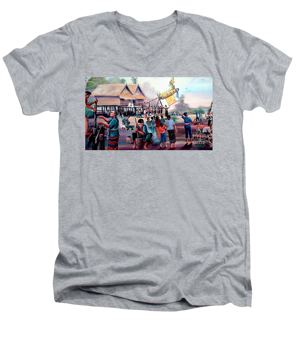 Thailand Men's V-Neck T-Shirt featuring the painting Village Rocket Festival-Vintage Painting by Ian Gledhill
