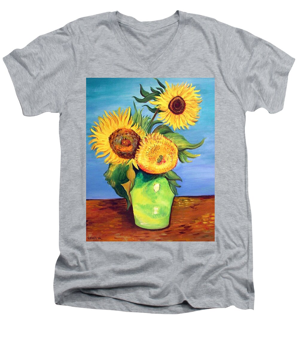 Van Gogh Men's V-Neck T-Shirt featuring the painting Vincent's Sunflowers by Patricia Piffath