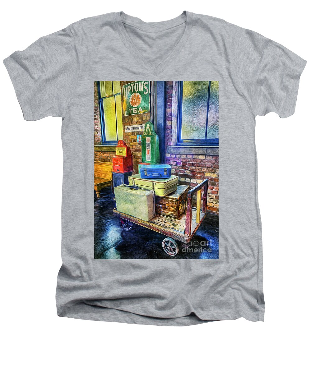 Vintage Men's V-Neck T-Shirt featuring the painting Vintage Luggage by Ian Mitchell