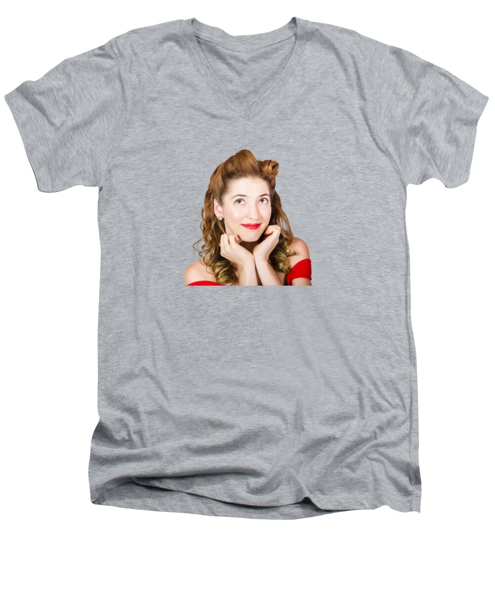 Pinup Men's V-Neck T-Shirt featuring the photograph Vintage makeup photo of cute smiling blonde girl by Jorgo Photography