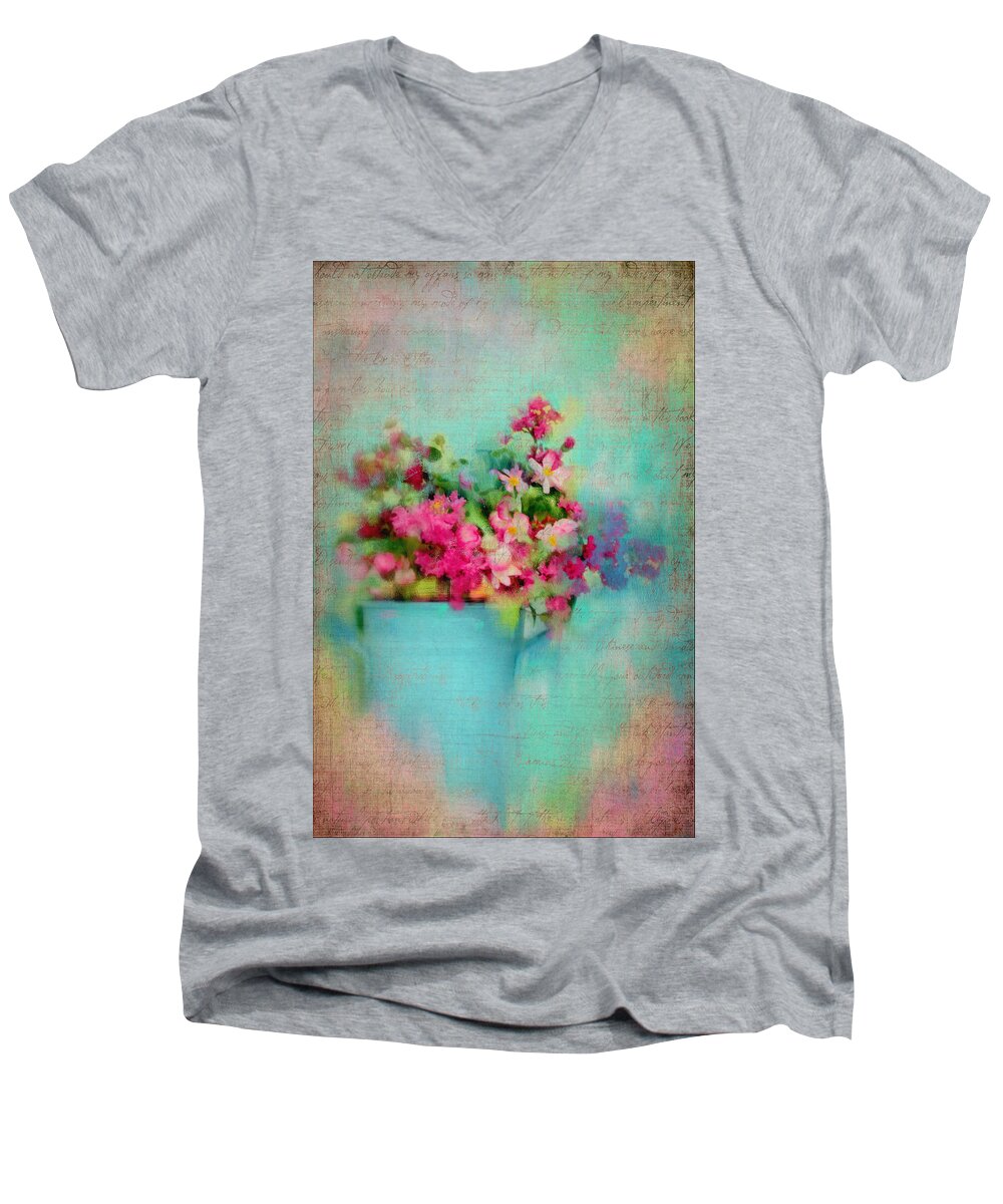 Tin Bucket Men's V-Neck T-Shirt featuring the photograph Flowers from a Cottage Garden by Carla Parris