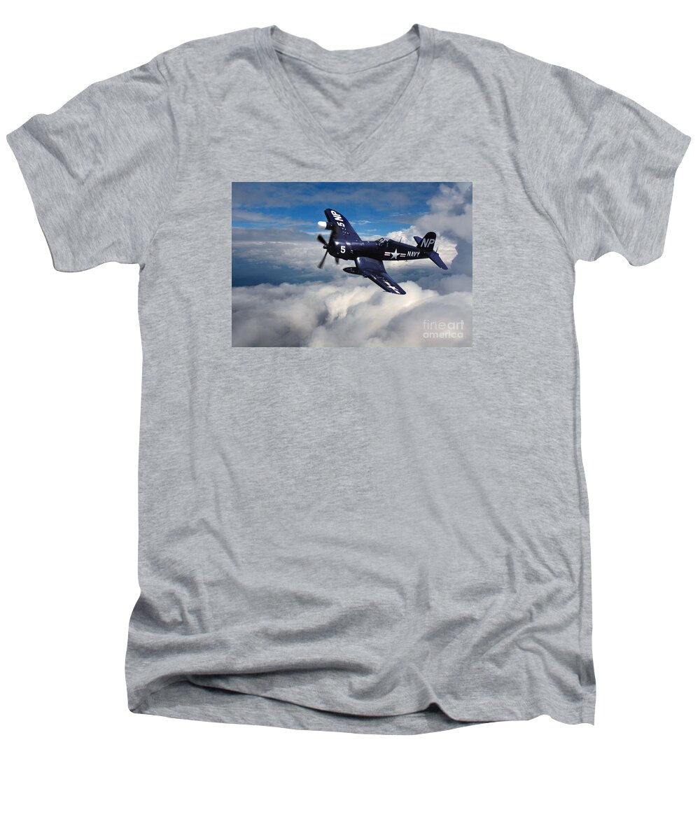 Vought F4u Corsair In Flight Men's V-Neck T-Shirt featuring the photograph Vought F4U Corsair in Flight by Wernher Krutein