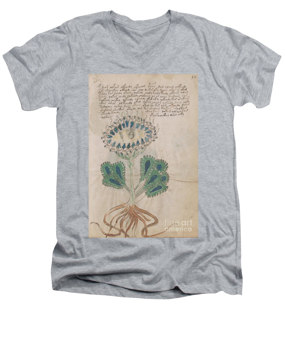 Plant Men's V-Neck T-Shirt featuring the drawing Voynich flora 11 by Rick Bures