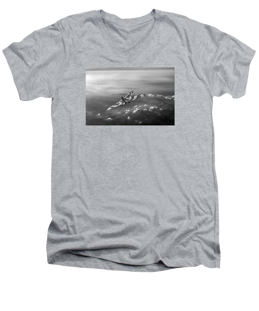 Avro Vulcan Men's V-Neck T-Shirt featuring the photograph Vulcan over the Channel black and white version by Gary Eason