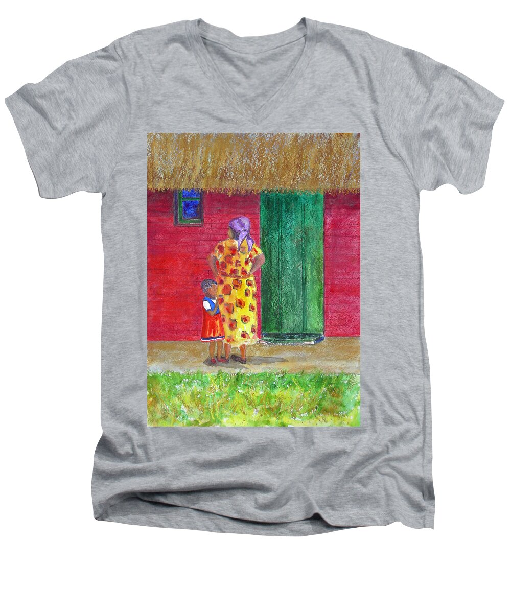 Zimbabwe Men's V-Neck T-Shirt featuring the painting Waiting in Zimbabwe by Patricia Beebe