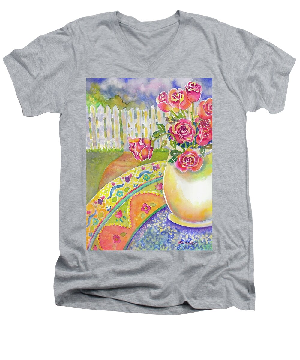 Watercolor Men's V-Neck T-Shirt featuring the painting Waiting on A Friend by Ann Nicholson