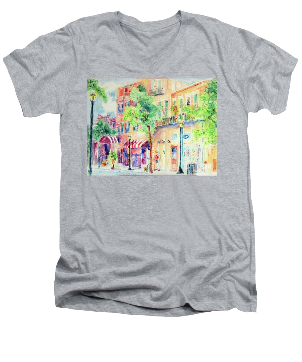 Cityscape Men's V-Neck T-Shirt featuring the painting Walking Along Dauphin Street by Jerry Fair