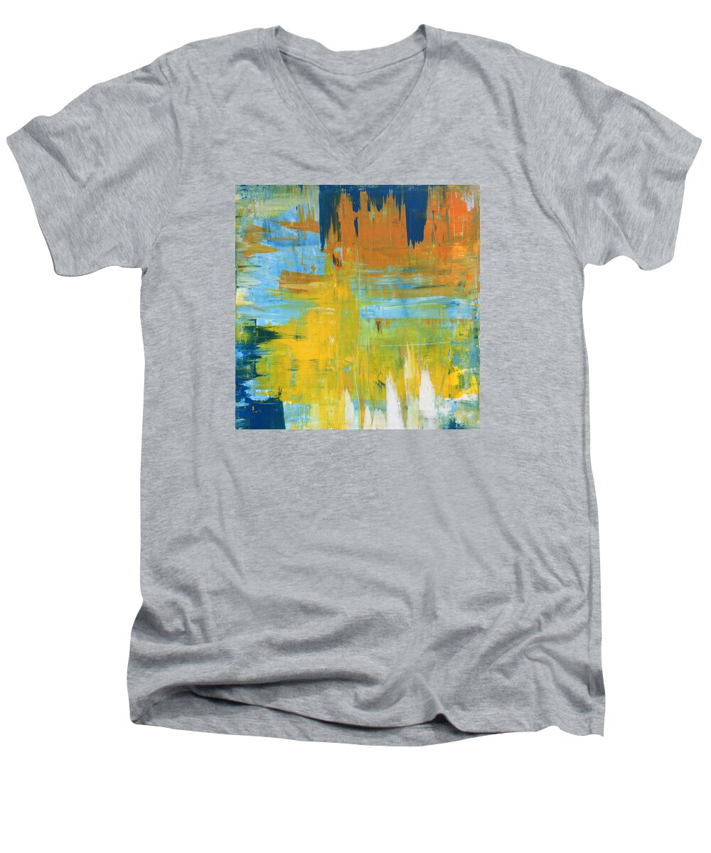 Yellow Men's V-Neck T-Shirt featuring the painting Walking on Sunshine - 48x48 Huge ORIGINAL PAINTING ART Abstract Artist by Robert R Splashy Art Abstract Paintings