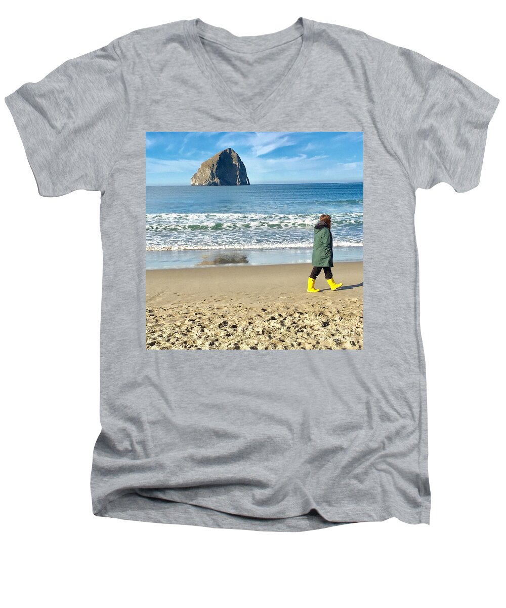 Landscape Men's V-Neck T-Shirt featuring the photograph Walking on the Beach by Susan Garren