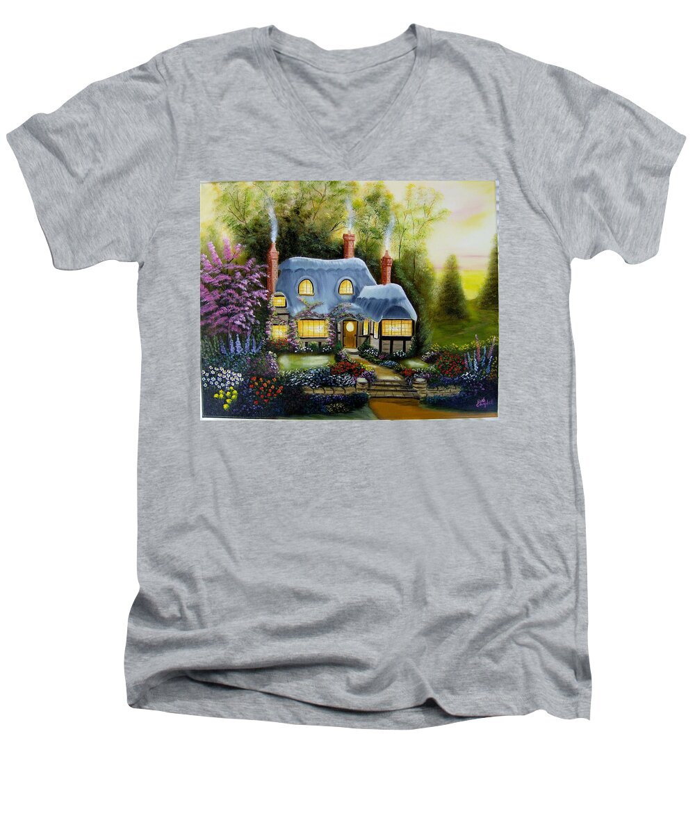 Cottage Men's V-Neck T-Shirt featuring the painting Warm and Cozy Cottage by Debra Campbell