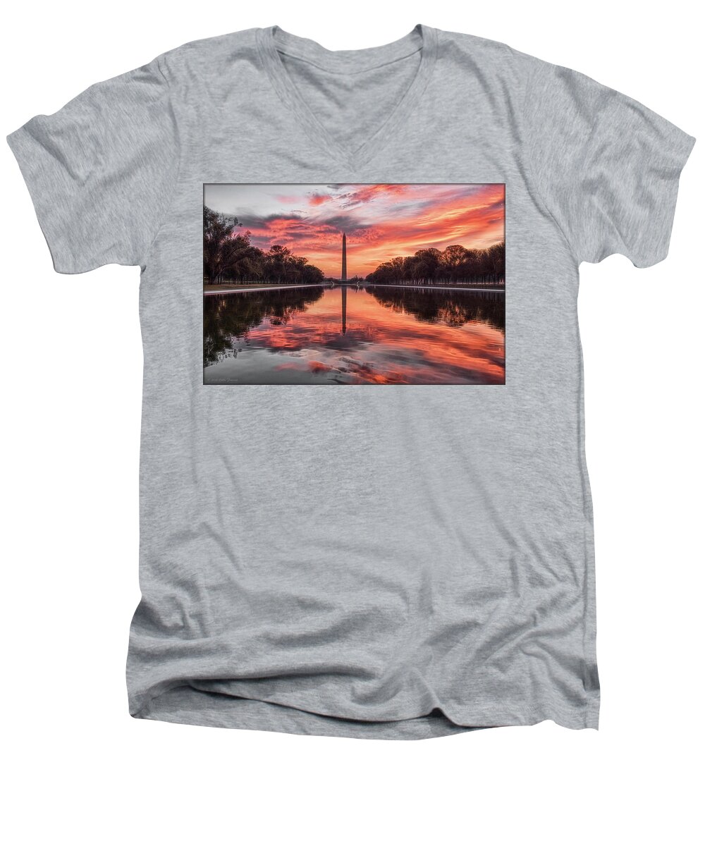 Washington Dc Men's V-Neck T-Shirt featuring the photograph Washington Monument Sunrise by Erika Fawcett